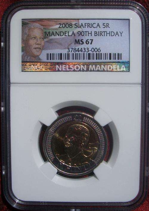 2008 South Africa 5 Rand - Mandela 90th Birthday - NGC Graded MS67 ** Color Label** Don't miss out!