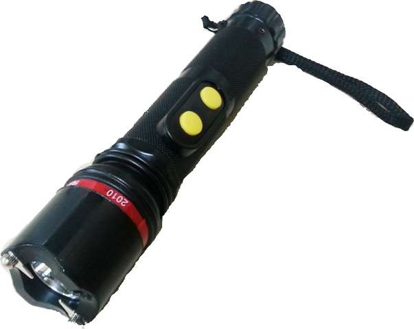 Stun gun with flash light and charging cable.