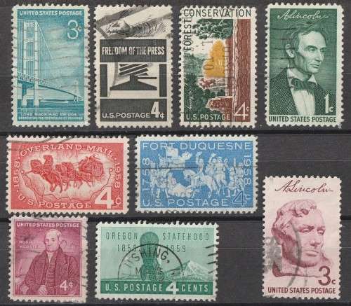 USA 1958 - 1959.  Assortment of 9 good used stamps