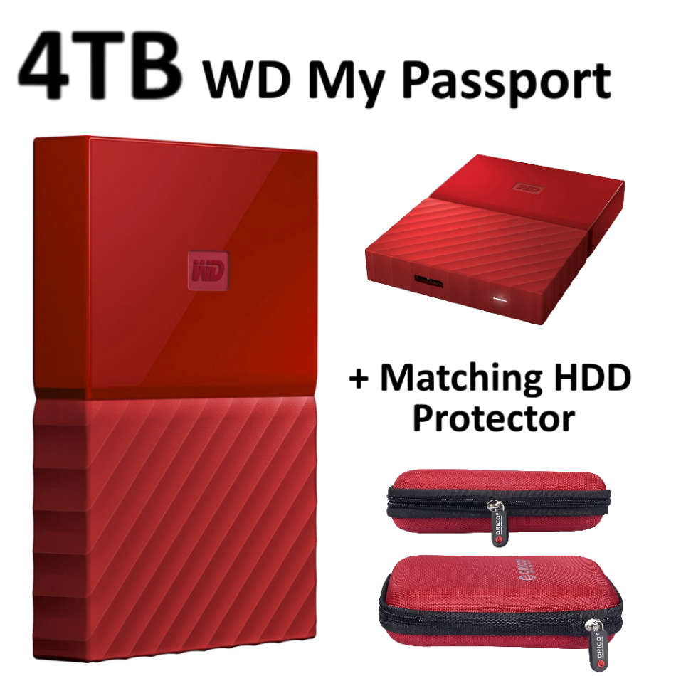 4TB Western Digitial My Passport + High Quality Orico HDD Protector Case - RED