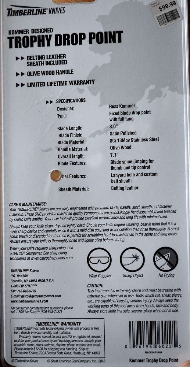 Timberline Trophy Droppoint Hunter - Kommer Fixed Blade - Olive Wood & High Quality Leather Sheath