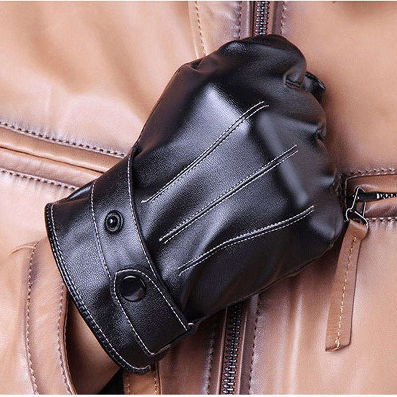 Warm Touch Screen Capable Black PU Leather + Cashmere Gloves - Large - CLEARANCE SALE
