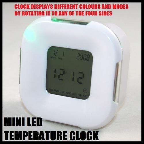NEW!!! Mini LED Blue Green Four Sided Alarm Temperature Clock