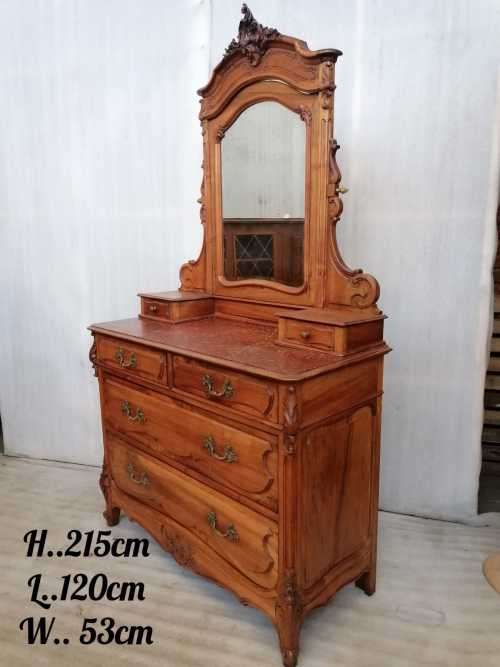 Antique French Louis XV walnut marble top dressing table with mirror