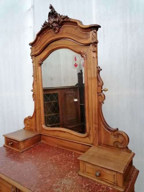 Antique French Louis XV walnut marble top dressing table with mirror