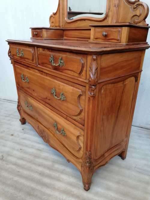Antique French Louis XV walnut marble top dressing table with mirror