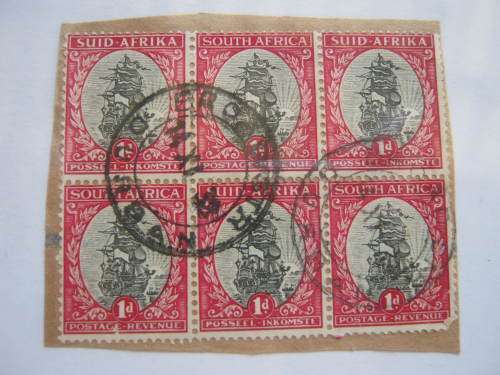 UNION - 1933-48 DEFIN ISSUE "HYPHENATED" 1d - BLOCK OF 6 ON PAPER WITH CLEAR CANCELLATION