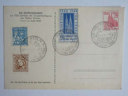 GERMANY - 1948 700th ANNIV OF COLOGNE CATHEDRAL - CLEAN POSTCARD