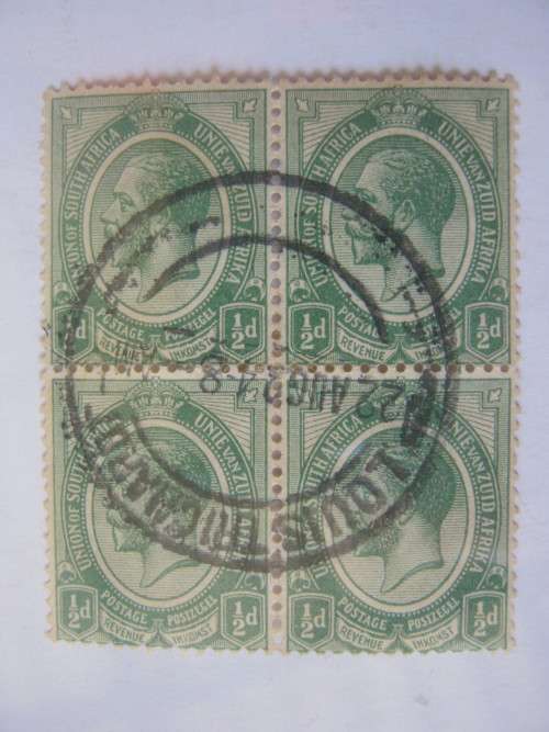UNION - 1913 DEFIN ISSUE 1/2d GREEN - BLOCK OF 4 - CLEAR CANCELLATION - UNH