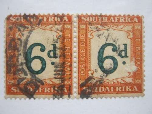 UNION - 1932-42 POSTAGE DUES 6d GREEN & BROWN-OCHRE - PAIR - FAIR CANCELLATION - UNH