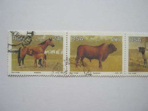 RSA - 1991 ANIMAL BREEDING - SETENANT STRIP OF 5 - POSTALLY USED