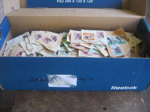 SHOEBOX OF UNION 1954 DEFIN ISSUE STAMPS ON PAPER