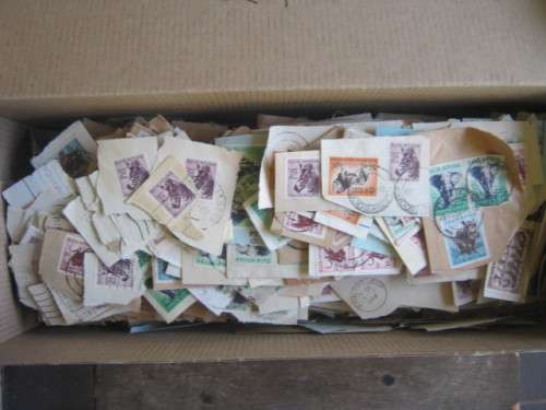 SHOEBOX OF UNION 1954 DEFIN ISSUE STAMPS ON PAPER