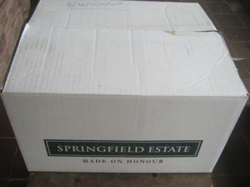 WINE BOTTLE BOX OF RSA 6th DEFIN ISSUE STAMPS ON PAPER - SOME GOOD CANCELLATIONS SPOTTED