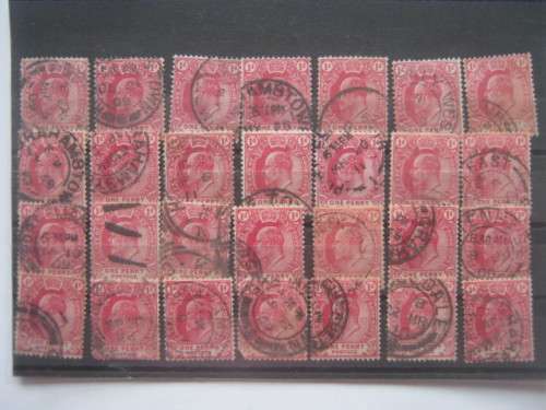 COGH - 1902-04 DEFIN ISSUE KEVII - 1d CARMINE - SELECTION OF 28 x SINGLES - USED