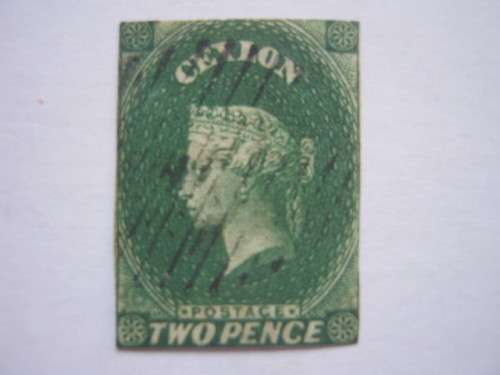 CEYLON - 1857 DEFIN ISSUE QV (IMPERF) - 2d GREEN SINGLE (NO MARGINS) - USED