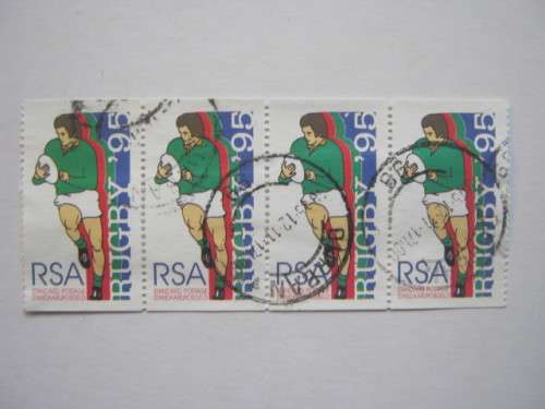 RSA - 1995 RUGBY WORLD CUP TOURNAMENT - STD MAIL STRIP OF 4 FROM BOOKLET - POSTALLY USED