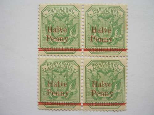 TRANSVAAL - 1895 SURCHARGES - `Halve Penny` ON 1s GREEN - BLOCK OF 4 - MNH