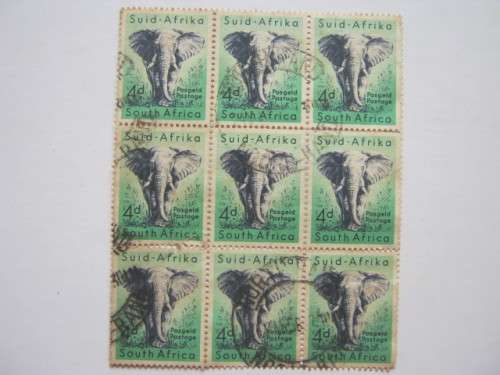 **R1 START** - UNION - 1954 DEFIN ISSUE - 4d AFRICAN ELEPHANT - BLOCK OF 9 - USED