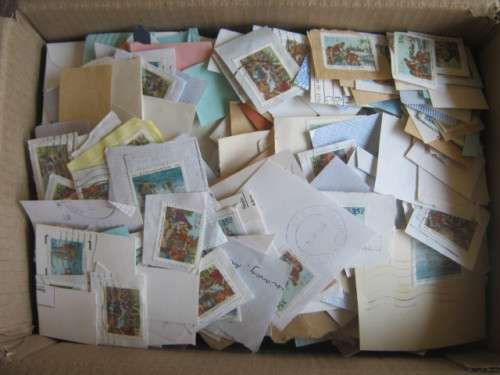 BISCUIT BOX ABOUT FULL OF 1992 NATIONAL STAMP DAY STAMPS ON PAPER