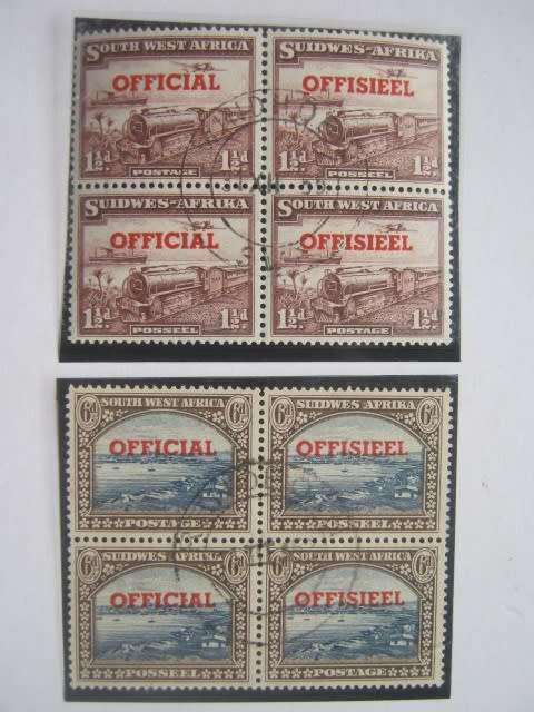 SWA - 1951-52OFFICIALS - 1,5d and 6d BLOCKS OF 4 (NORMAL and TRANSPOSED OVPT) WITH GOOD CANCELLATION