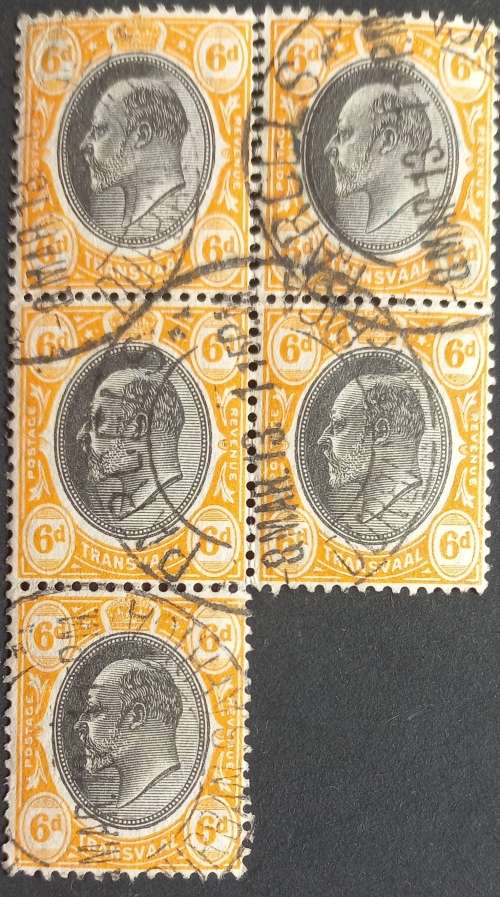 INTERPROVINCIAL - TRANSVAAL DEFIN ISSUE KEVII - 6d BLACK/ORANGE - BLOCK OF 5 - POSTMARK `DURBAN`
