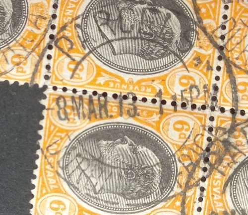 INTERPROVINCIAL - TRANSVAAL DEFIN ISSUE KEVII - 6d BLACK/ORANGE - BLOCK OF 5 - POSTMARK `DURBAN`