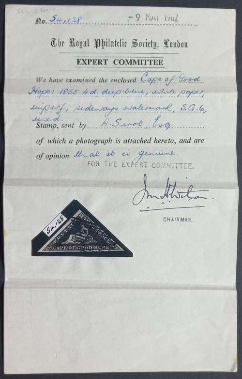 COGH - 1855 DEFIN ISSUE `TRIANGULAR` - 4d DEEP BLUE - SACC 6 WITH CERTIFICATE - SINGLE - USED