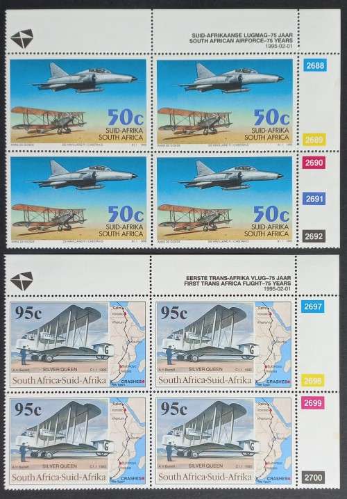 RSA - 1995 50 YEARS OF SAAF/TRANS AFRICA FLIGHT - FULL SET OF CONTROL BLOCK OF 4 - MNH