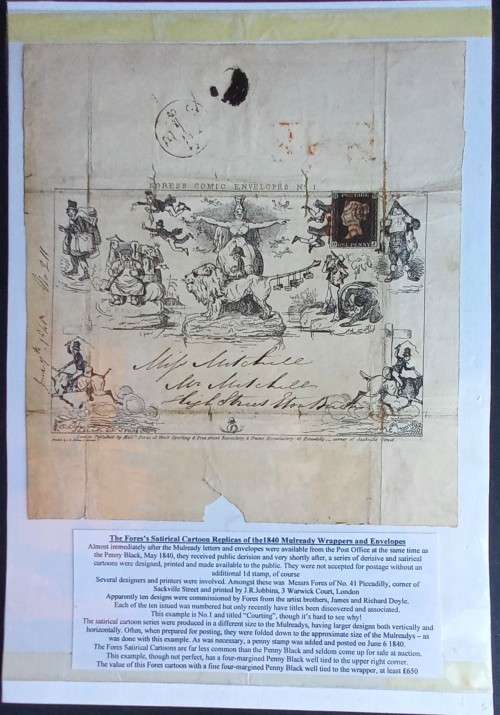 GB QV - 1840 FORES`S SATIRICAL COMIC ENVELOPE No.1 - POSTALLY USED WITH PENNY BLACK TIED TO PIECE