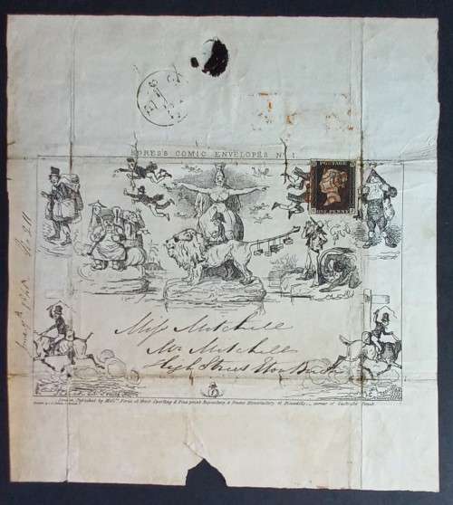 GB QV - 1840 FORES`S SATIRICAL COMIC ENVELOPE No.1 - POSTALLY USED WITH PENNY BLACK TIED TO PIECE