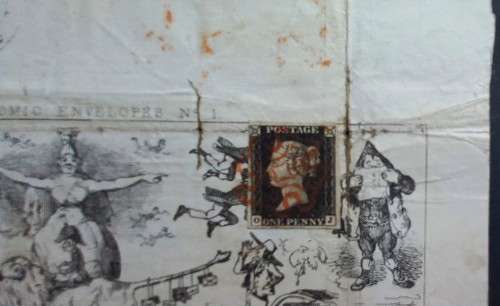 GB QV - 1840 FORES`S SATIRICAL COMIC ENVELOPE No.1 - POSTALLY USED WITH PENNY BLACK TIED TO PIECE