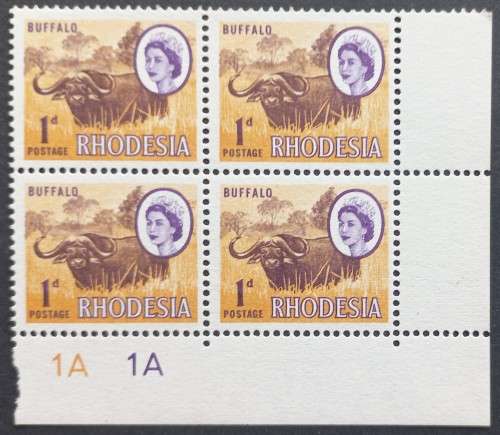 RHODESIA - 1966-70 DEFIN ISSUE (MARDON) - 1d BUFFALO (1st PRINTING) - CONTROL BLOCK OF 4 `1A` - MNH