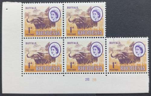 RHODESIA - 1966-70 DEFIN ISSUE (MARDON) - 1d BUFFALO (2nd PRINTING) - CONTROL BLOCK OF 5 `2B` - MNH