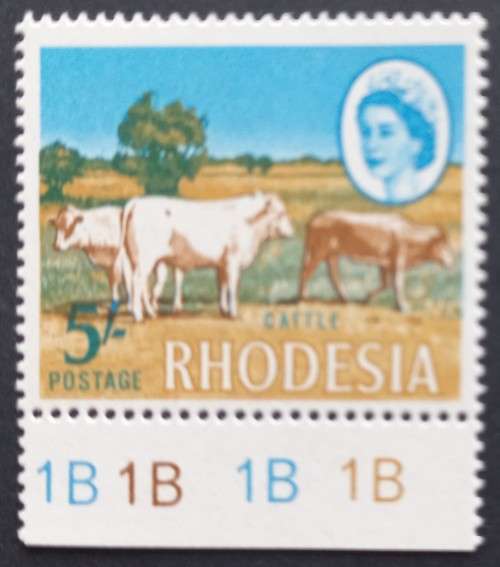 RHODESIA - 1966-70 DEFIN ISSUE (MARDON) - 5/- CATTLE - SINGLE WITH CONTROL NUMBERS - MNH