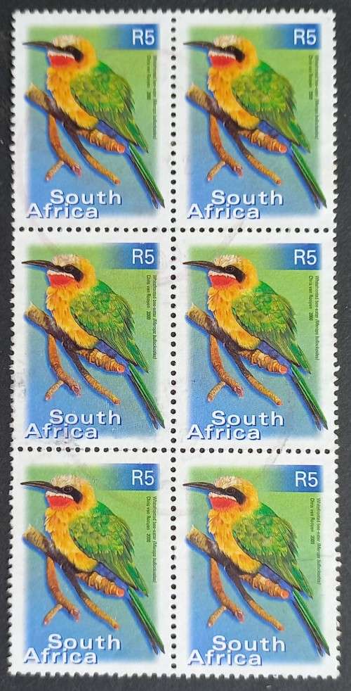 **R1 START** RSA - 2000 7th DEFIN ISSUE - R5 WHITEFRONTED BEE-EATER - BLOCK OF 6 - POSTALLY USED