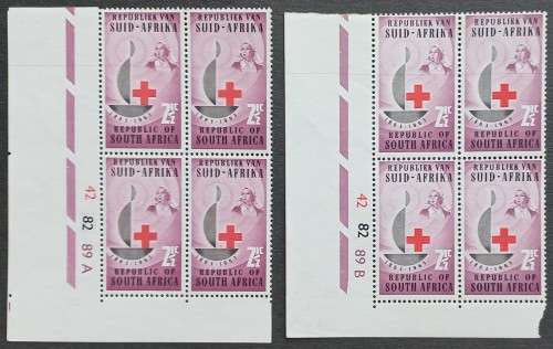 RSA - 1963 CENTENARY OF RED CROSS - 2,5c - TWO x CONTROL BLOCK OF 4 (A & B PANE) - MNH
