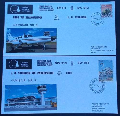 NAMIBAIR Flight Cover #8&9 - 1979 Inaugural Flight (SW911 to SW914) JG Strydom/Swakopmund/Eros