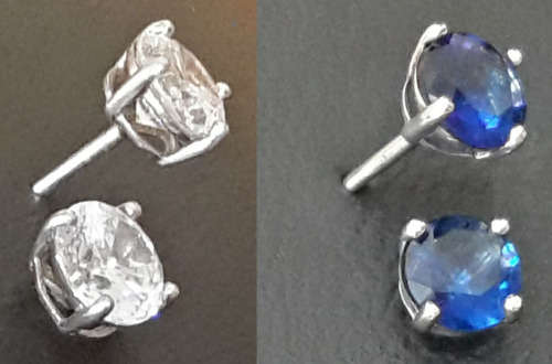2 Pairs - Solid 925 Sterling Silver Stud Earrings White CZ 4mm and Blue CZ 4mm