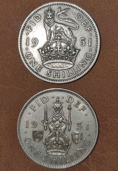 Great Britian: 2 x One Shilling variants (English Reverse and Scottish Reverse) 1951