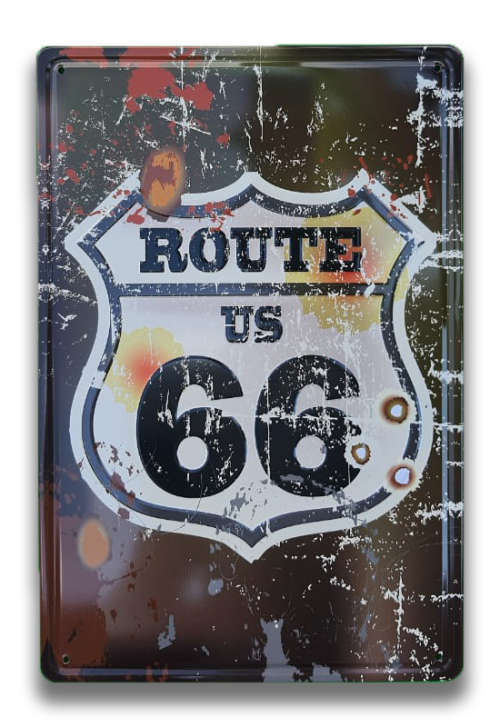 ROUTE 66 THEMED REPLICA EMBOSSED METAL HANGING SIGN