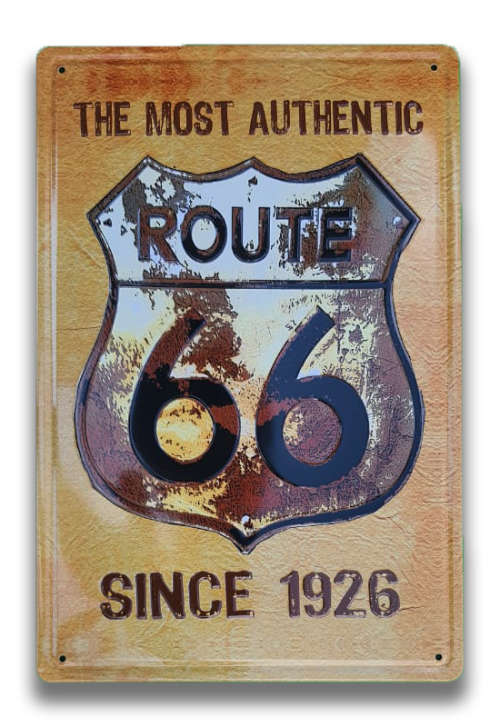 ROUTE 66 AUTHENTIC THEMED REPLICA; EMBOSSED METAL MEDIUM HANGING SIGN - NEW!