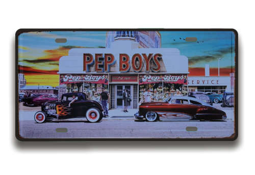 VINTAGE HOT ROD (PEP BOYS) DINER THEME, EMBOSSED METAL NUMBER PLATE HANGING SIGN - NEW!