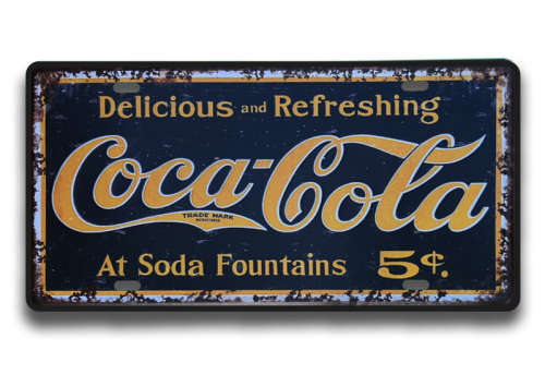 COCA-COLA  VINTAGE THEMED REPLICA (SODA @ FOUNTAINS); EMBOSSED METAL NUMBER PLATE HANGING SIGN - NEW