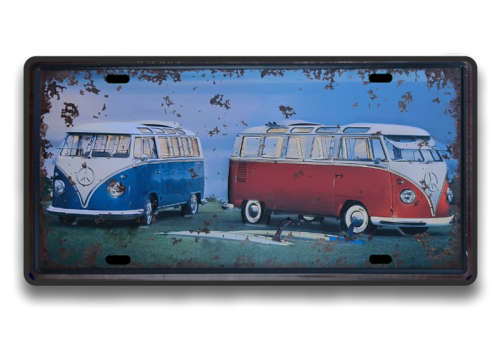 VINTAGE VOLKSWAGEN KOMBI'S THEME - EMBOSSED METAL NUMBER PLATE HANGING SIGN - NEW!