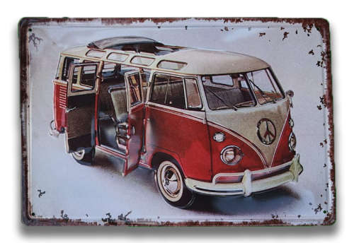 VINTAGE VOLKSWAGEN KOMBI THEME, MEDIUM EMBOSSED METAL HANGING SIGN - NEW!