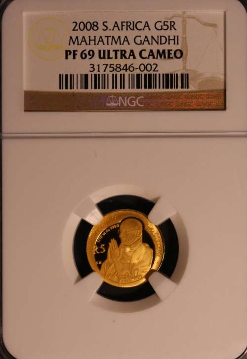2008 Protea Series Mahatma Gandhi R5 1/10Oz Gold Coin PF69 Ultra Cameo