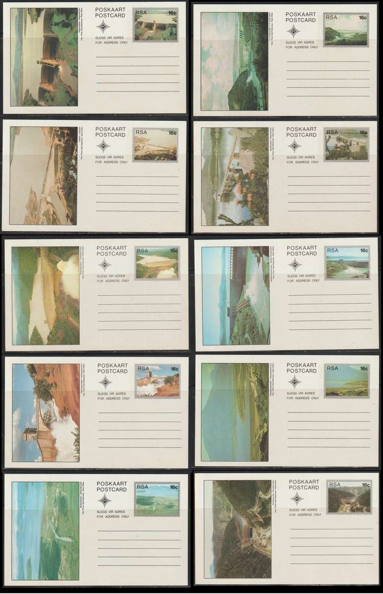 South Africa Rare Set of 10 Dams 16c Postcards (Like New)