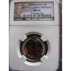 POSTAGE R 45 LIMITED MANDELA LABEL 2008 90th BIRTHDAY R5 COIN NGC GRADED MS66