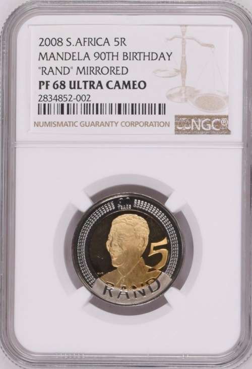 2008 R5 Mandela 90th Birthday `Rand mirrored` NGC graded PF68 Ultra Cameo